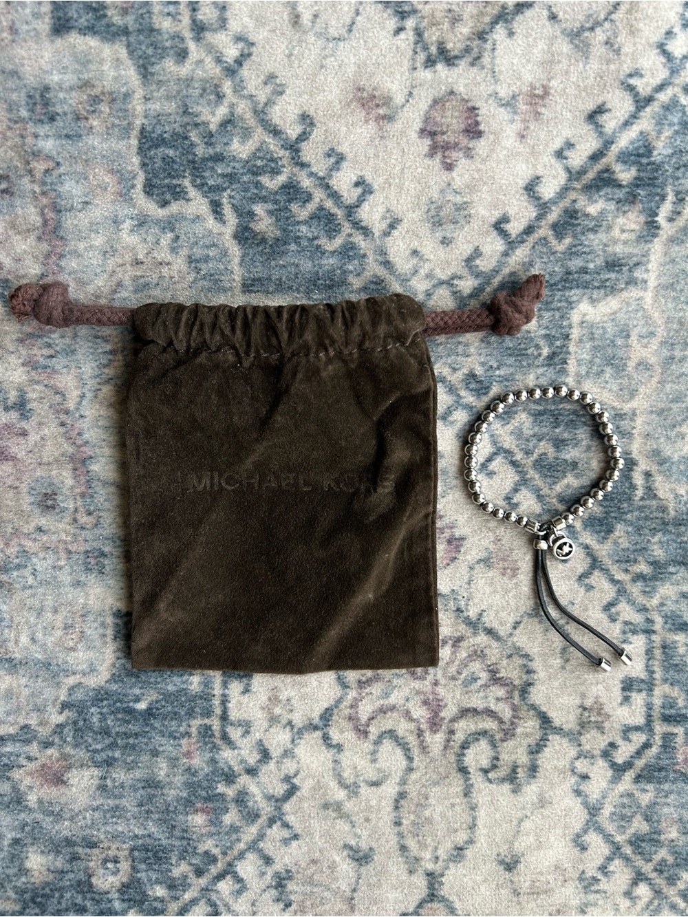Michael Kors Silver Tone Metal Ball Bead Pull Cord Bracelet & Bag